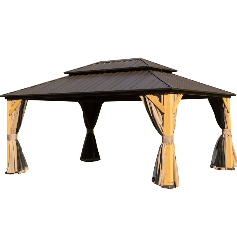 Pavillon de jardin extérieur avec structure en bois, toit en acier galvanisé, pour pavillon de jardin 12 x 16 pi, filet, plaisir