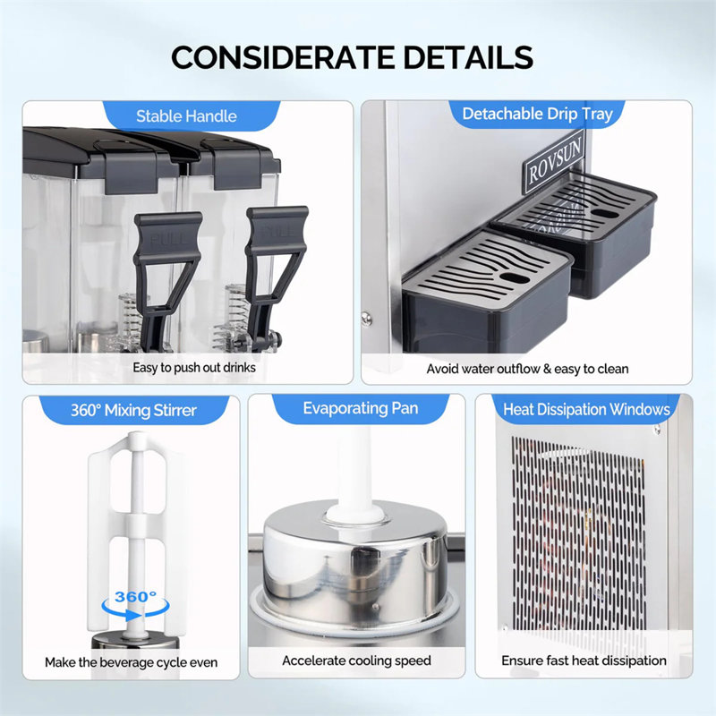 Distributeur de boissons 5,2 gallons 200 W 110 V 2 réservoirs pour boissons fraîches et jus