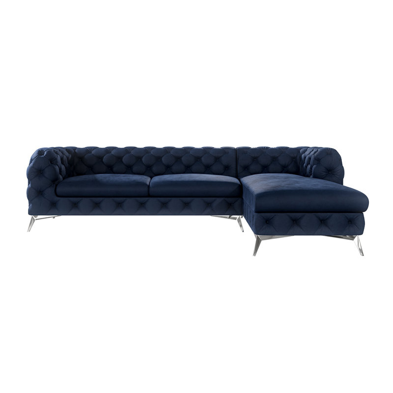 Chesterfield Corner Chaise Sofa  with Silver Metal Legs, Right Hand Facing, Navy Blue