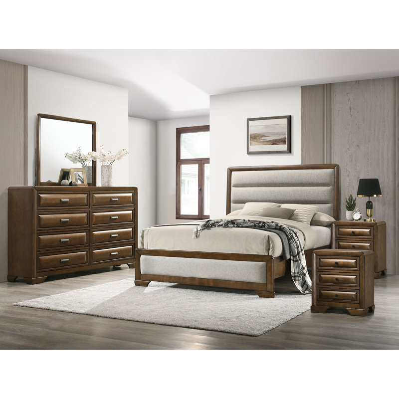 Ensemble de chambre à coucher 6 pièces Fayann, Grand, 5 Pcs: Bed, 2 Nightstands, Dresser, Mirror