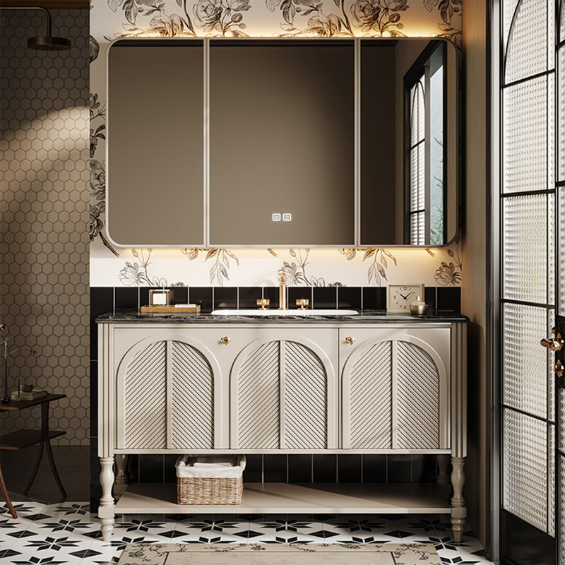 Armoire de salle de bain simple de style rétro français, 33.46" H x 47.24" W x 21.65" D, Gris clair