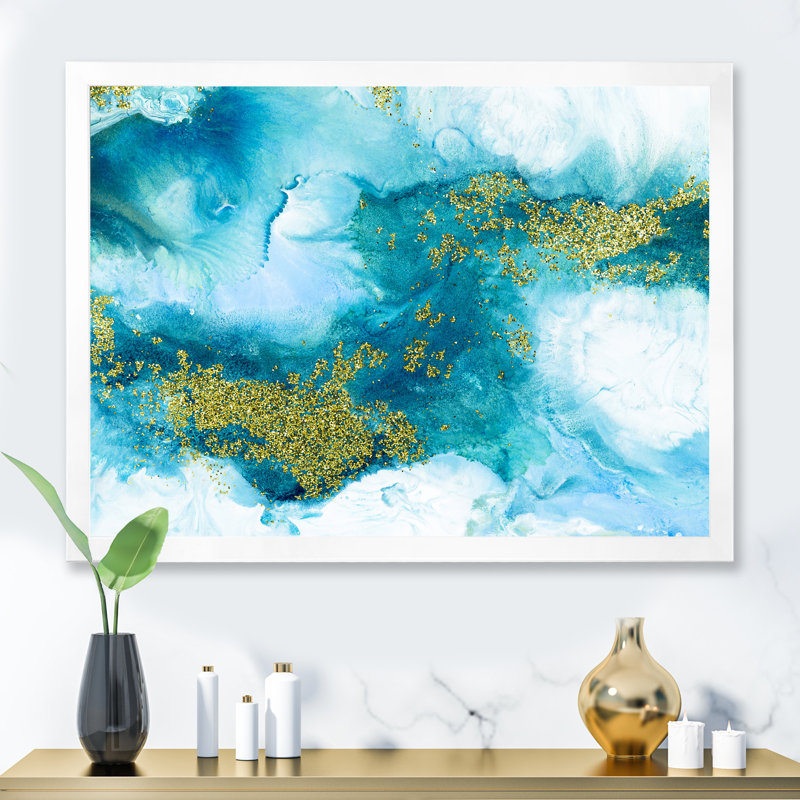 «Blue with Gold Glitter Creative Abstract», peinture sur toile, H 30 po x l 40 po x P 1,5 po, Cadre photo blanc