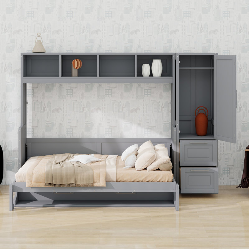Lit escamotable Murphy avec placard et tiroirs, Gris, Lit double