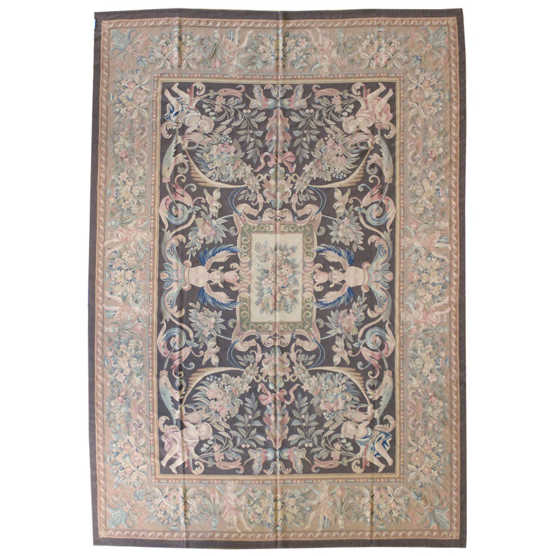 Tapis unique brun / bleu / noir 9 pi 8 po x 12 pi 9 po Aubusson