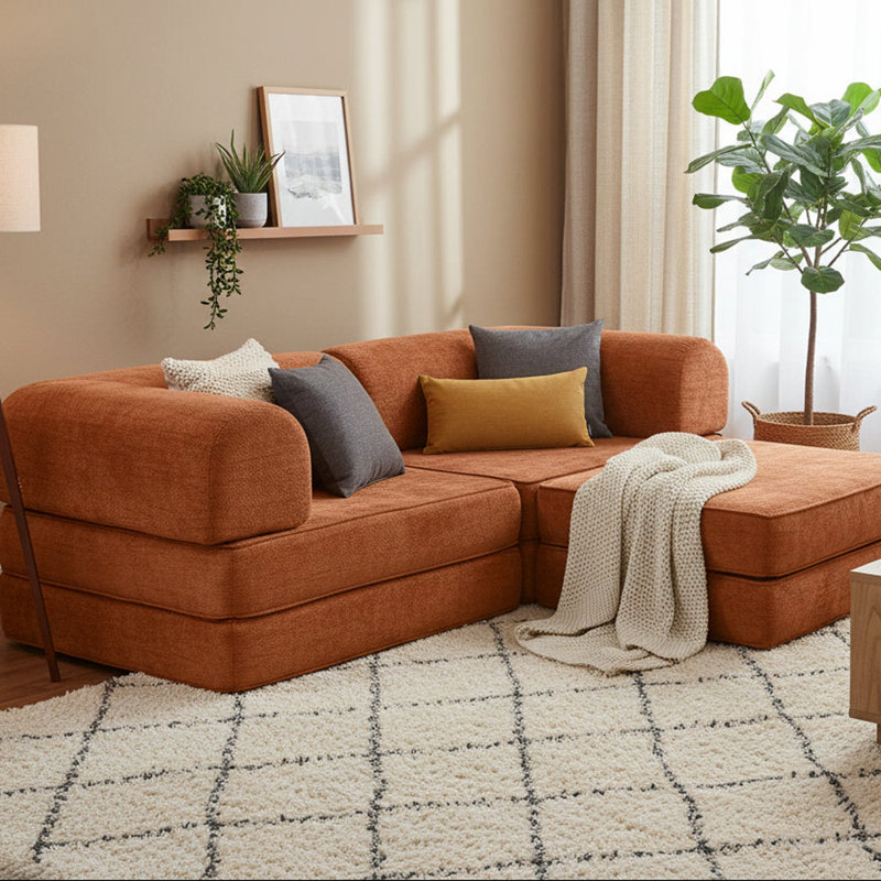 3 Seater Velvet Sofa Bed, Orange Velvet