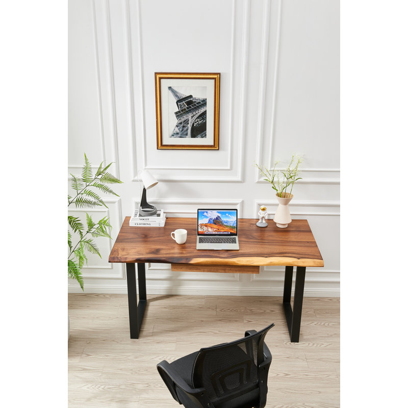 Live Edge Desk with U Shaped Legs and South American Walnut, with Drawer Storage, 29.5" H x 34" W x 20" D