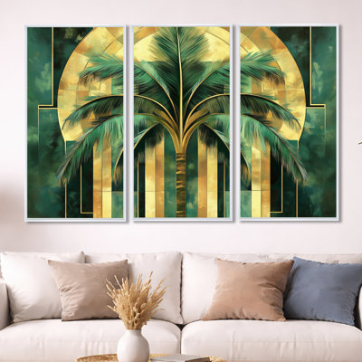 Palm in Miami Deco Light I - Green Gatsby Glam Framed Canvas Wall Art Set of 3