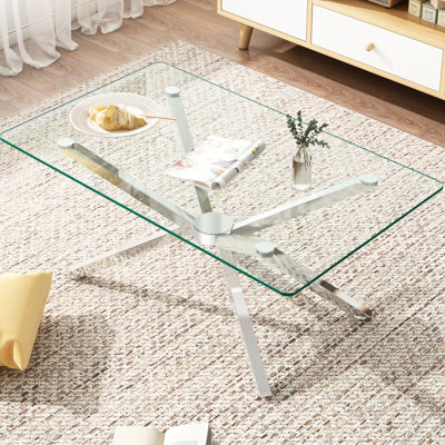 Table basse de 39,37 po rectangulaire en verre trempé transparent, design élégant avec pieds en métal, table basse de salon