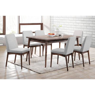 Modern 7Pc Dining Set Ash Walnut Finish Dining Table 6X Side Chairs Foam Cushion Fabric Upholstery