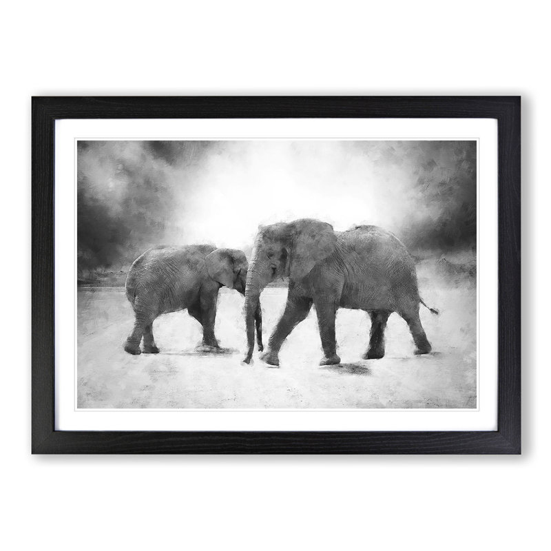 Elephants Crossing Paths - Picture Frame Graphic Art Print, 33cm H x 45cm W x 2cm D, Black Framed