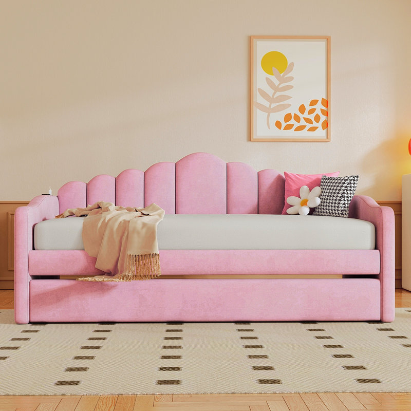 Lit de jour simple tapissier avec couchette, canapé-lit en velours avec ports USB, aucun sommier nécessaire, rose (ancien SKU HL000067AAH)