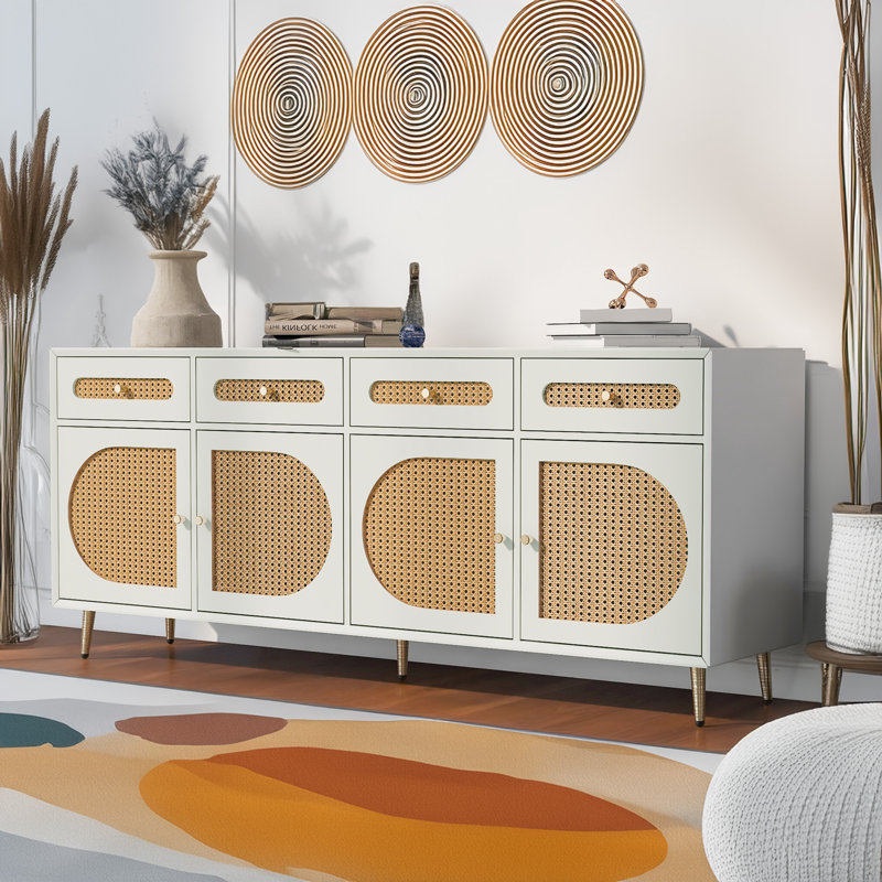 Meuble télé tissé avec tablettes réglables pour le salon, Blanc