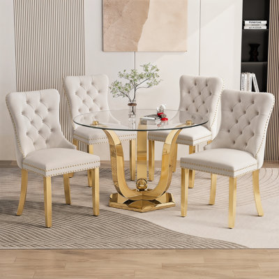 38.9" Modern Round Glass Dining Table Set for 4, Tempered Glass Dining Table with 4 Velvet Upholstered Chairs