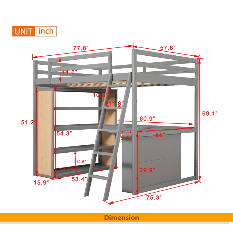 Lit mezzanine avec échelle, tablettes et bureau, Gris, Lit double