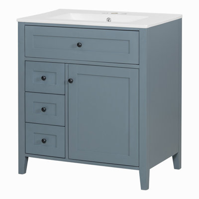 30-Inch Blue Gray Bathroom Vanity with Sink, Modern MDF and Rubberwood Cabinet with 3 Drawers and Adjustable Shelf, Freestanding Vanity for Bathroom Storage and Organization(Old SKU:N725P350819E)