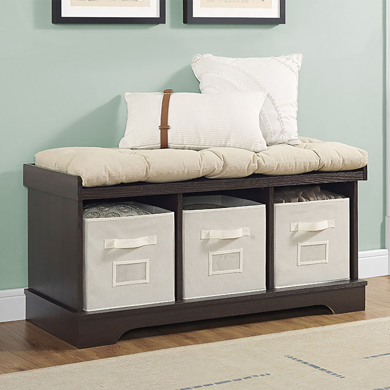 Mugurel Cubby Storage Bench with 3 Fabric Bins, Espresso