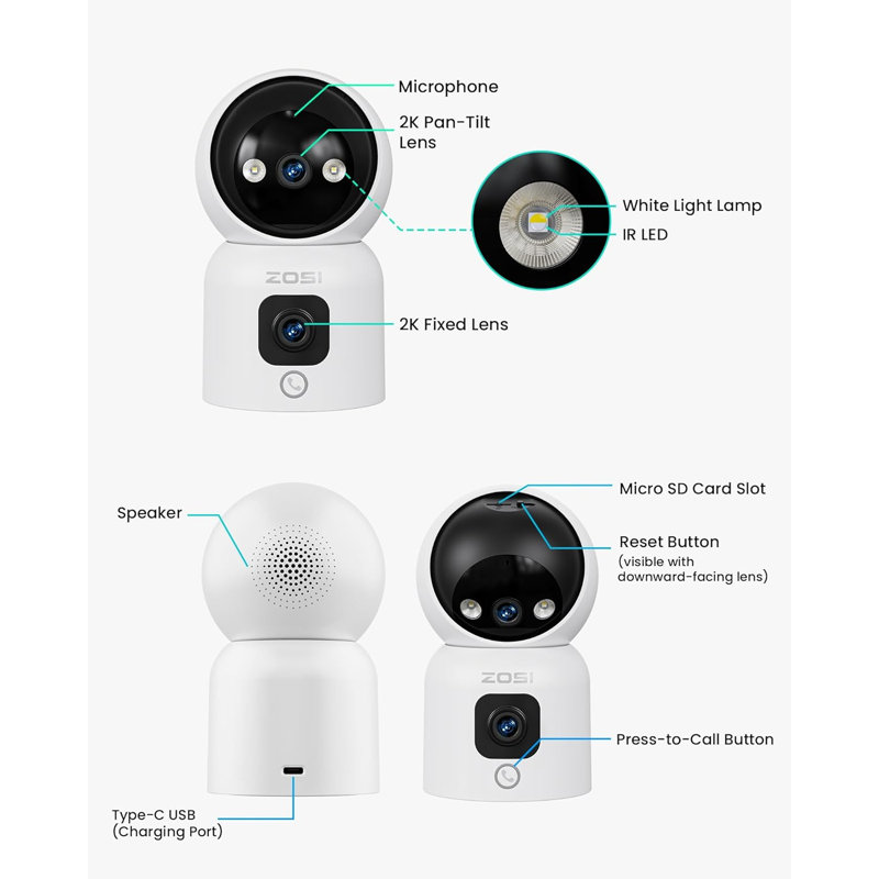 Caméra de sécurité intérieure 2K 3MP à double lentille, moniteur pour bébé / animal de compagnie PTZ 360 °, appel instantané, suivi humain