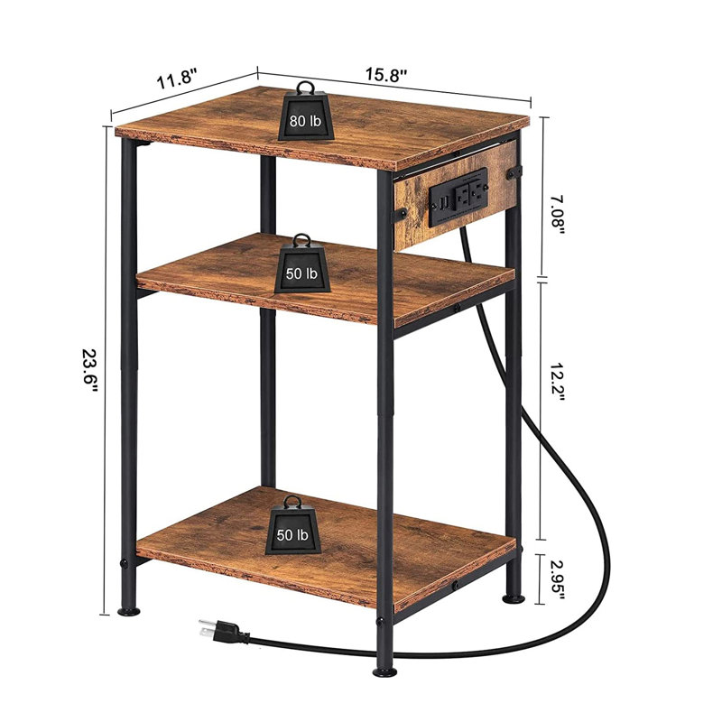 Pym Solid Wood Top End Table Set and Built-In Outlets