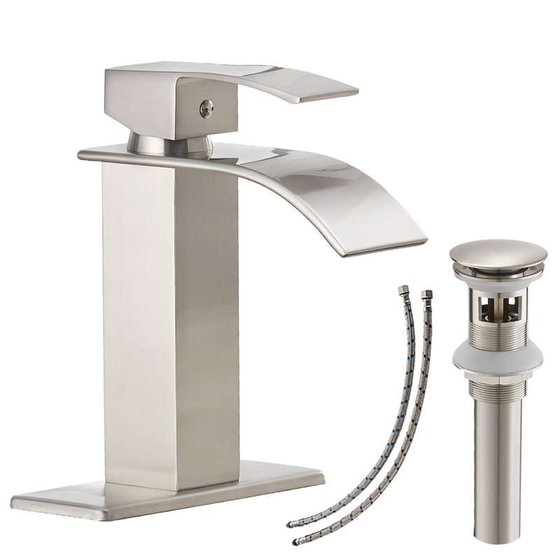 Robinet de salle de bain à un trou à arc bas avec drain Waterfall, Nickel brossé