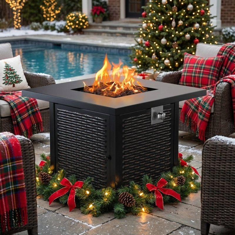 Outdoor Steel Propane Fire Table, 50,000 BTU with Lid and Lava Rock, 24.8" H x 28" W x 28" D