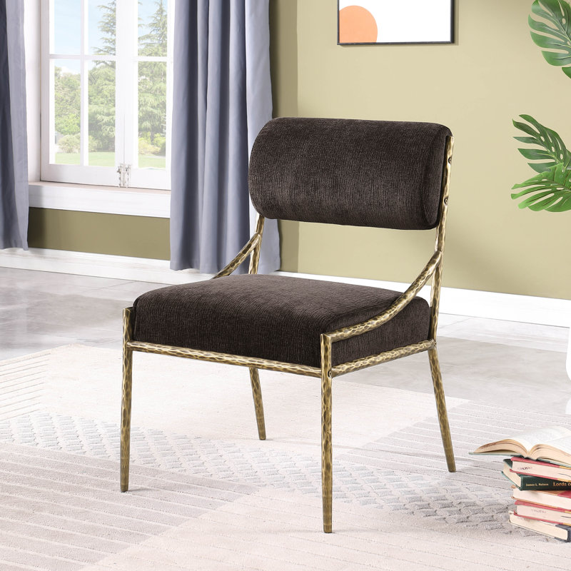 Chaise d'appoint rembourrée Bastille, Laiton brossé, Tissu chenille brun