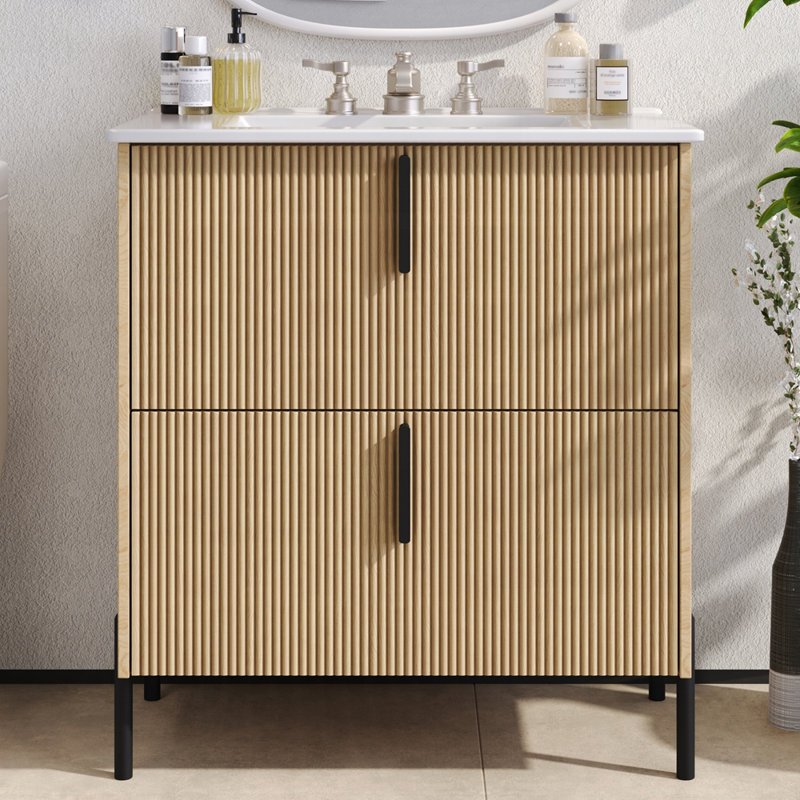 Lavabo en céramique de haute qualité avec meuble-lavabo intégré et tiroirs à fermeture en douceur, idéal pour les salles de bain modernes