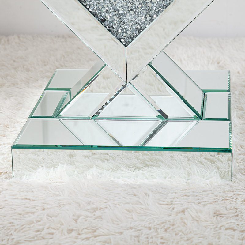 Ensemble de 2 tables basses rondes à motif incrusté en diamant + console d'appoint en miroir Glam