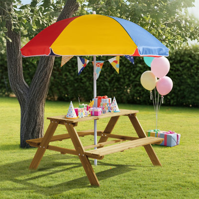 Kids Wood Rectangle Outdoor Picnic Table And Bench With Umbrella by Ophelia & Co.