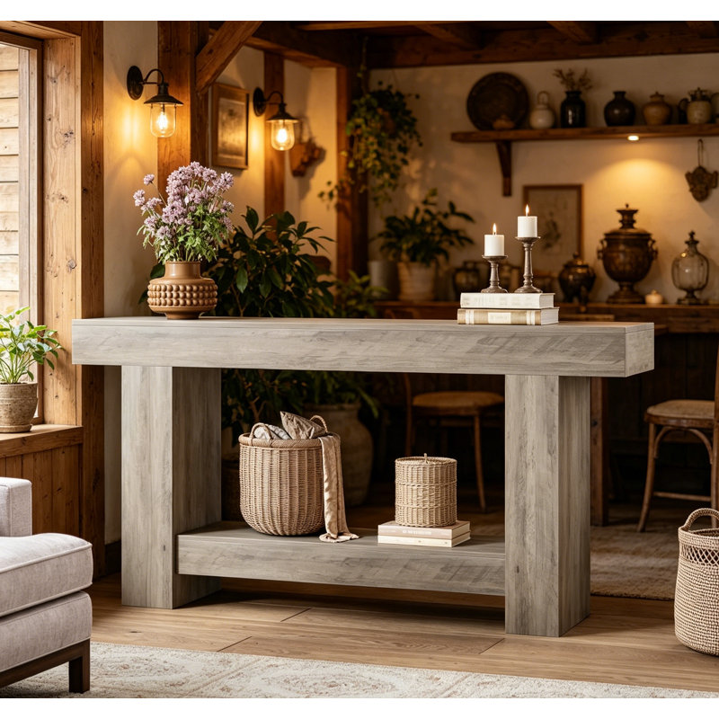 Farmhouse Entryway Console Table, 2-Tier Entryway Table, Long Sofa Accent Table Behind Couch Table w/ Open Storage for Entrance, Living Room, Hallway, 47"