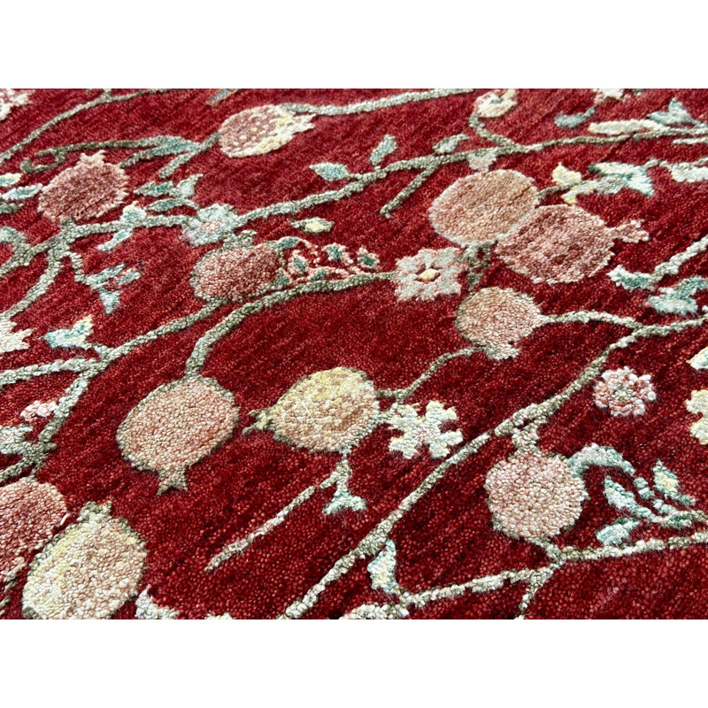 Tapis rouge noué à la main 5 x 8 pi avec motif d'arbres botaniques pour le salon