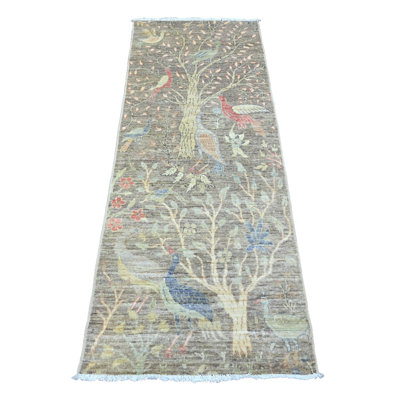 Tapis de couloir oriental gris en pierre noué à la main 2 pi 4 po x 6 pi 1 po avec motif d'oiseaux du paradis, teinture végétale, 100% laine