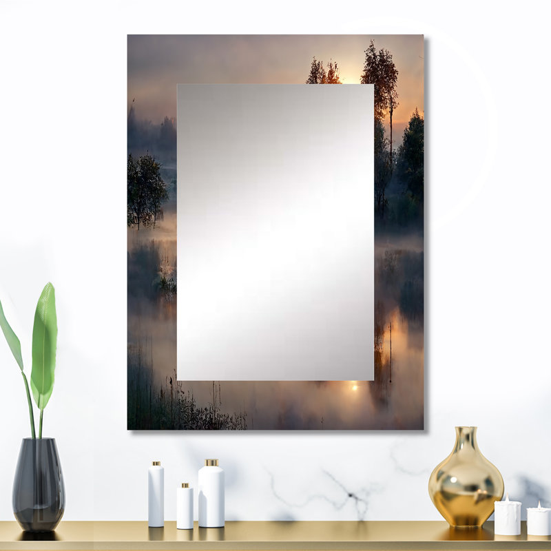 Morning Fog Over The Lake Sunset III - Lake Mirror, Traditional Decorative Wall Mirror, Printed Metal Art, 32" x 24"
