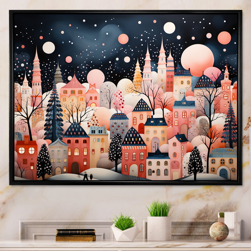 Art déco, village d'hiver, peinture I - art mural Art déco urbain, Cadre flottant noir, H 12 po x l 20 po x P 1 po