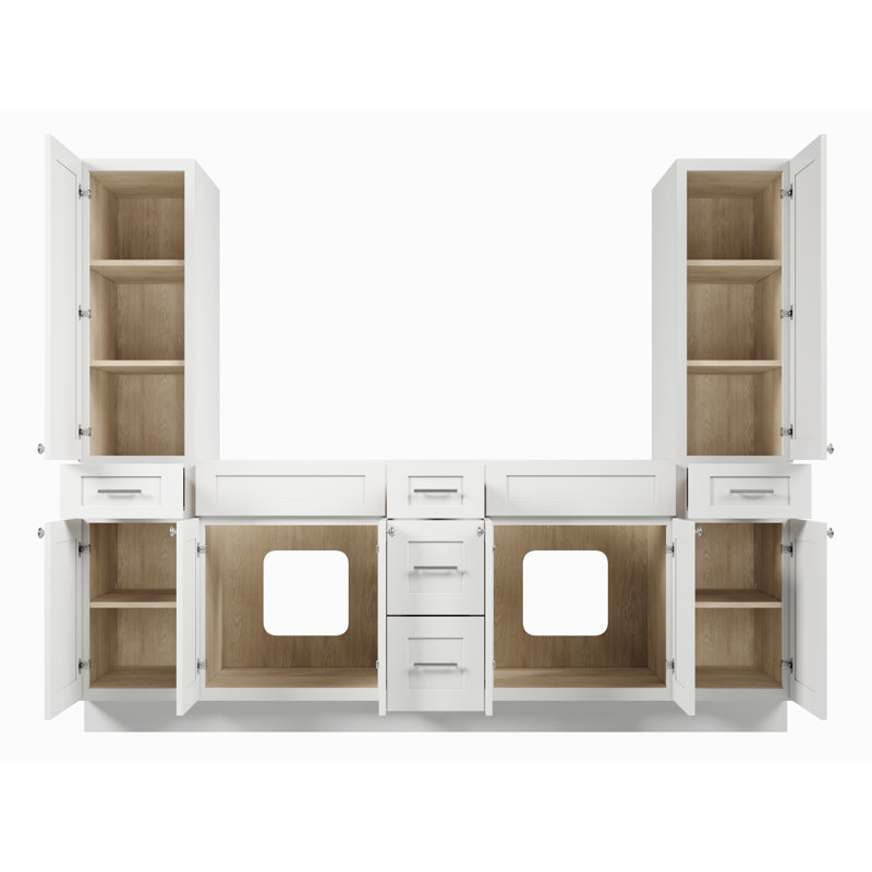 Ensemble de meuble-lavabo double 90 po avec armoire en lin massif Disar, Blanc