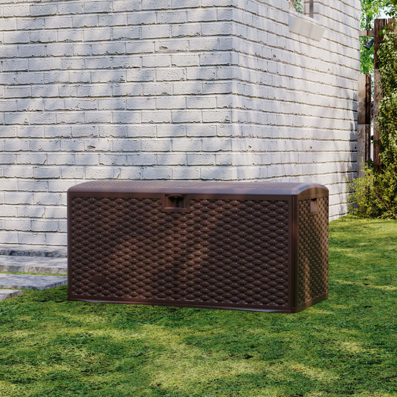 99 Gallon Outdoor Wicker Resin Deck Box – Lockable & Waterproof HDPE Storage Bench, Brown