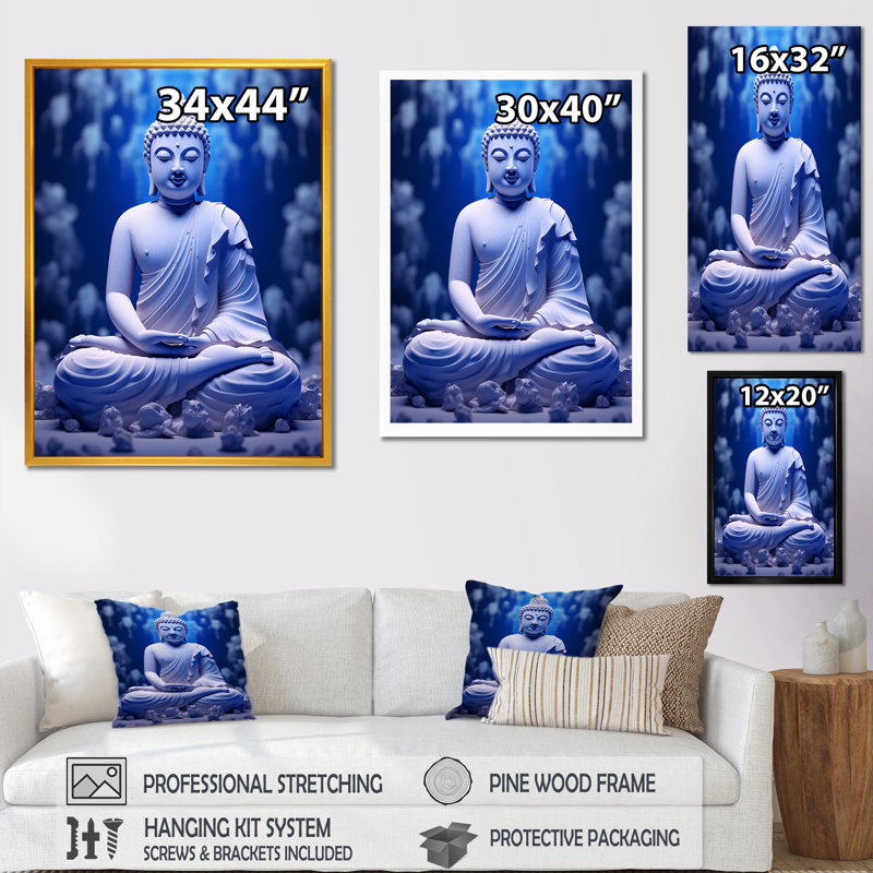 Reproduction sur toile, "Blue Medication Buddha Meditation", Cadre flottant blanc, H 40 po x l 30 po x P 1,5 po