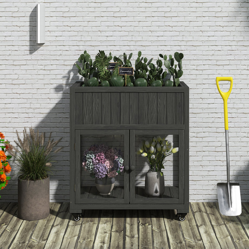 Mini cadre froid en bois, serre compacte à 2 portes avec roues, lit surélevé avec doublure pour l'intérieur et l'extérieur, noir