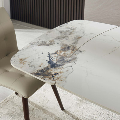 Table de salle à manger rétractable en pierre frittée avec base en bois massif