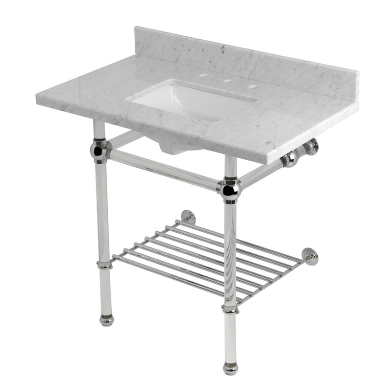 Kingston Brass Templeton 36-Inch Carrara Marble Console Sink with Acrylic Legs and Shelf (8-Inch, 3-Hole)