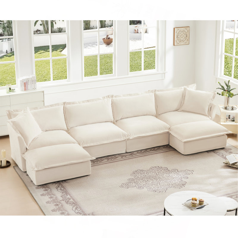Canapé, repose-pieds en chenille, 3, H 34,6 po x l 120 po x P 33 po, Velours côtelé crème