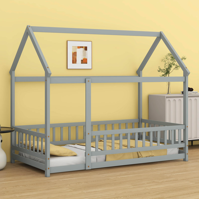 Lit simple en bois en forme de maison - structure de toit et barrières de sécurité, Gris