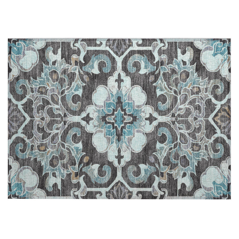 Machine Washable Indoor/Outdoor Xhevrie Teal Rug, Rectangle 1'8" x 2'6"