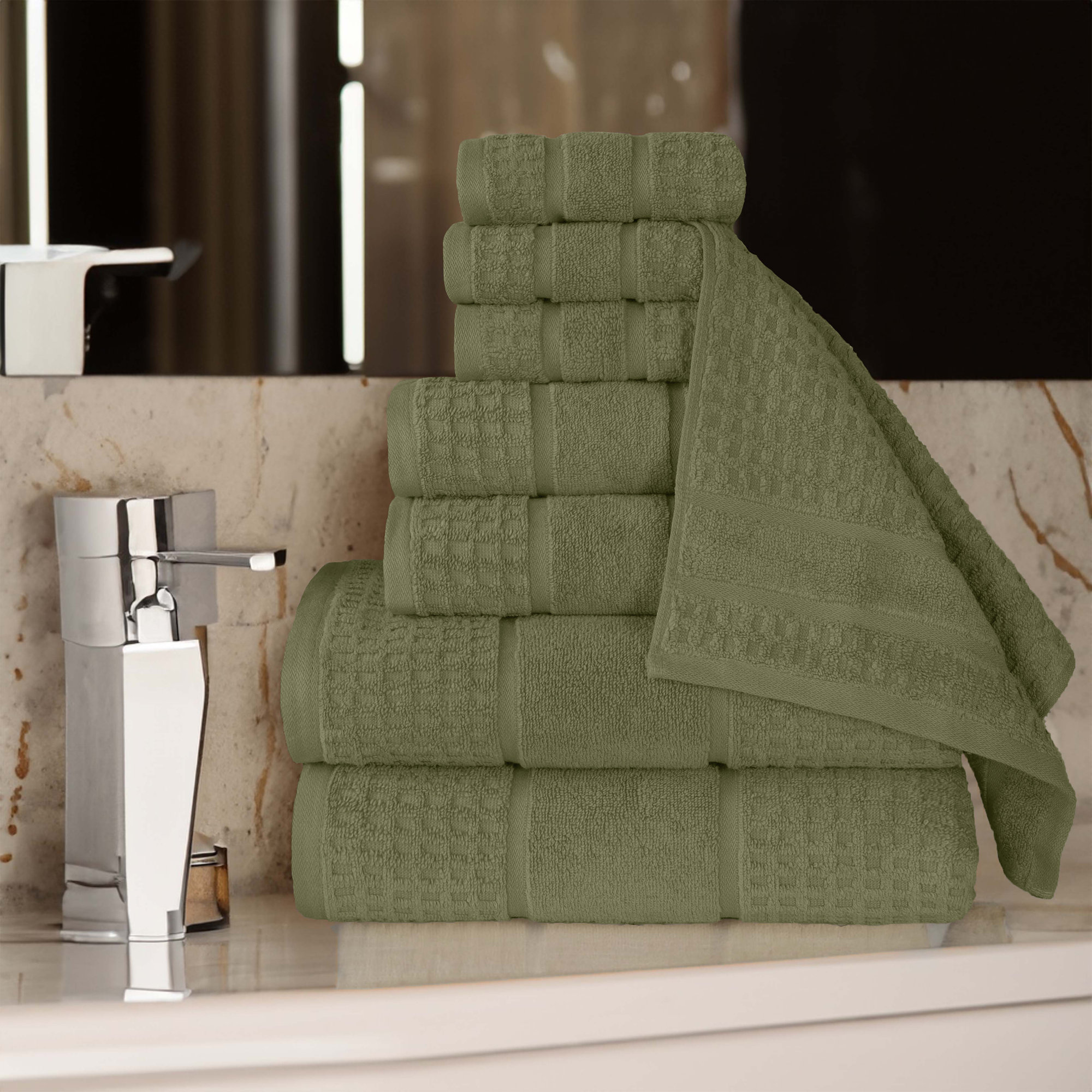 Hisela Zero Twist Cotton Solid Waffle Honeycomb Plush Soft Absorbent Medium Weight Assorted Towel Set, 8 Piece Towel Set