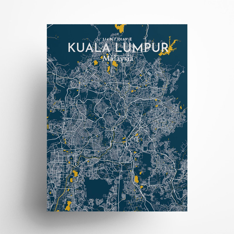 «Kuala Lumpur City Map», impression de luxe, H 24 po x l 18 po, Bleu / Jaune