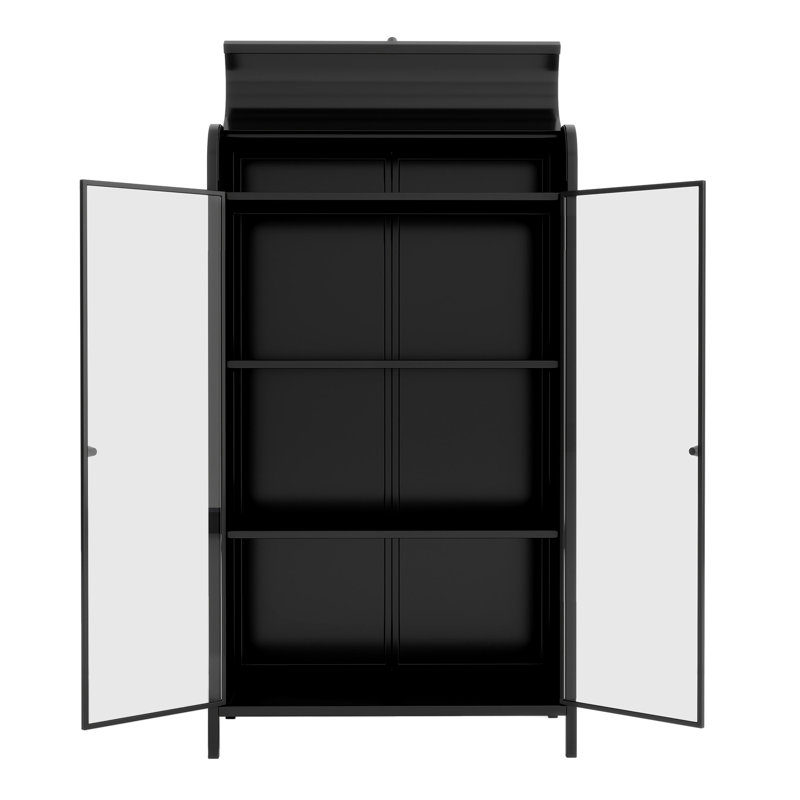 Metal Storage Cabinet with Glass Doors & Flip-Top, 4-Tier Display Cabinet with Open Shelves, Freestanding Steel Sideboard Buffet for Kitchen, Living Room, Home Office, Dining Room, Bathroom