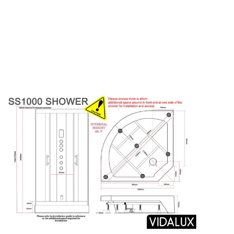 Vidalux SS1000 Quadrant Steam Shower Enclosure 1000 x 1000, Mirror