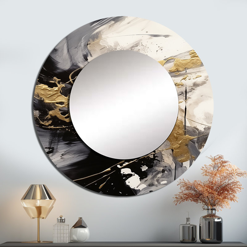 «Sesilia» or et gris Flusion Fusion IV - miroir abstrait, miroir mural décoratif rond moderne, impression d'art en métal