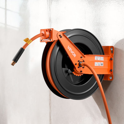 Enrouleur de tuyau d'air rétractable, tuyau d'air en caoutchouc de 1/2 pouce x 50 pieds, pression maximale de 300 PSI, enrouleur automatique pour tuyau de compresseur d'air avec entrée de 5 pieds, fixation plafond/mur, bras double robuste en acier