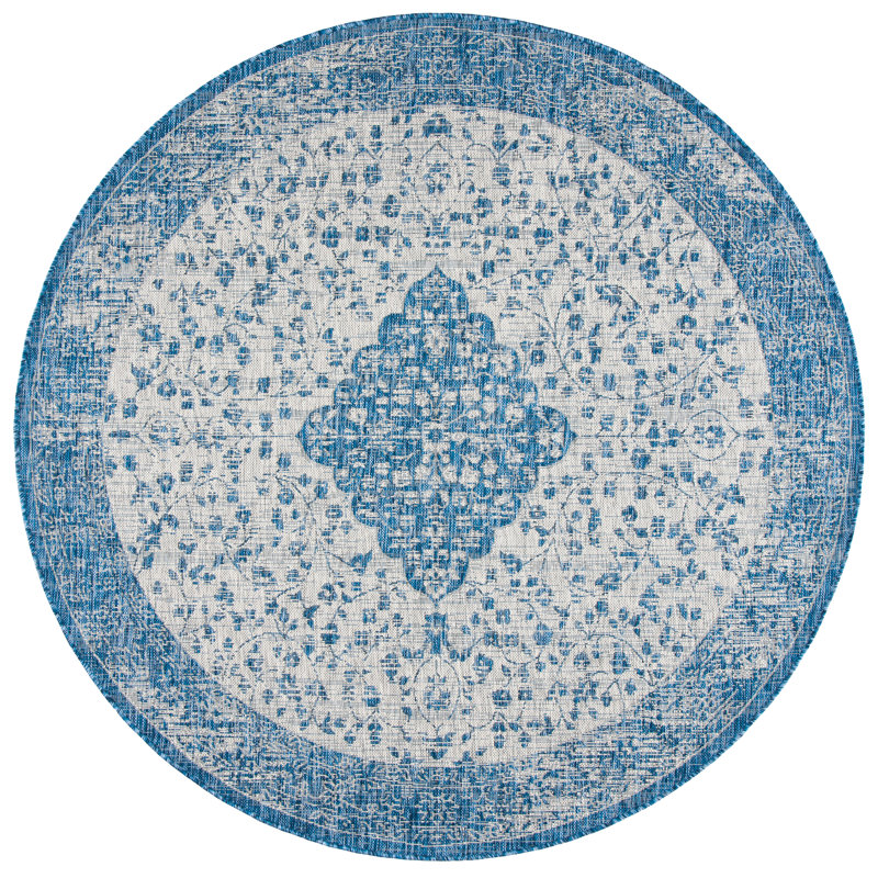 Tapis intérieur / extérieur bleu / beige Arneshia, Rond 6 pi 7 po