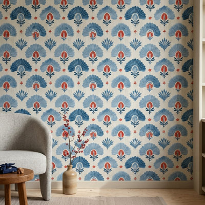 Folk Art Wallpaper Block Print Floral Decorative Mural